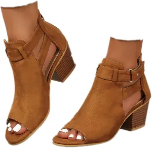 Womens Peep Toe Ankle Booties Sandals Chunky Heels Cutout Back Zipper Sandal Faux Suede Side Ankle Strap Dress Sandals