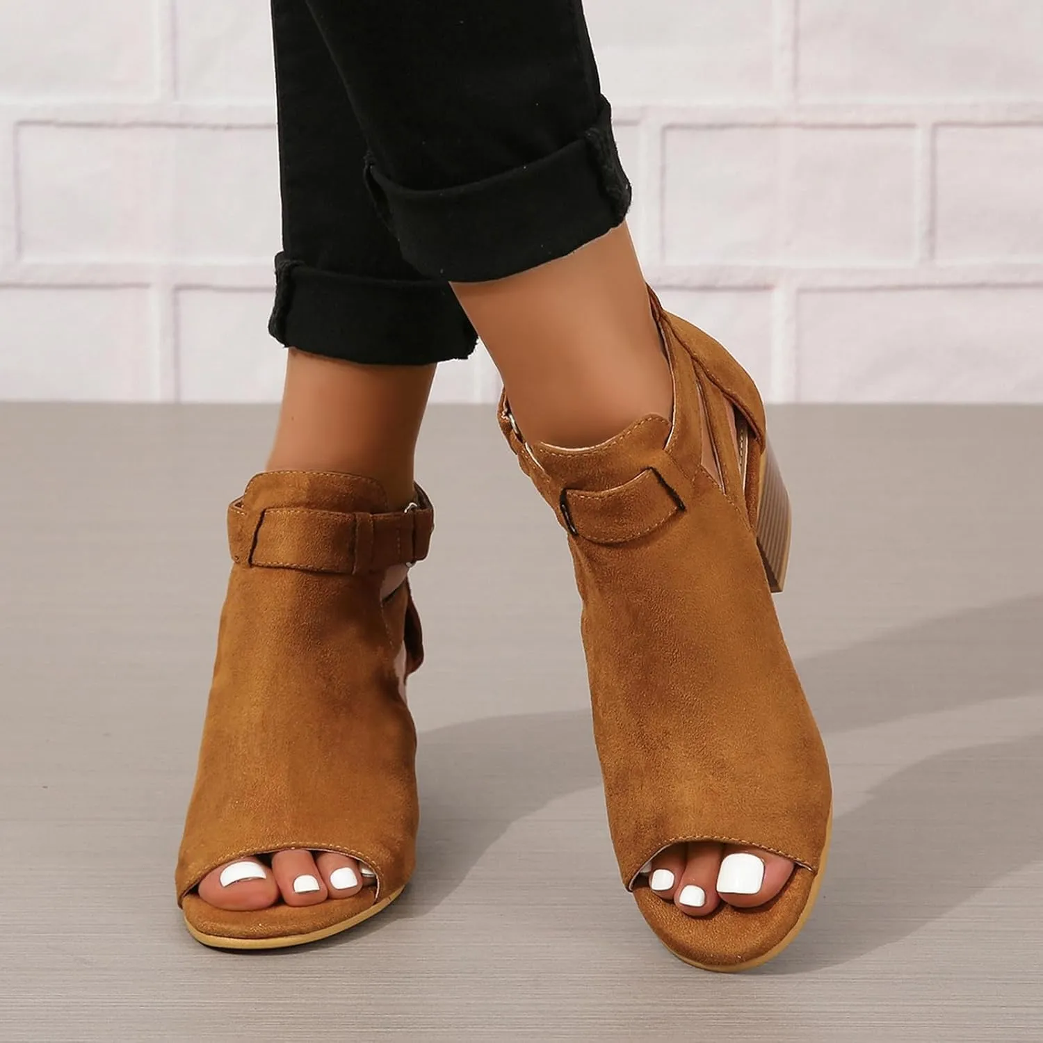 Womens Peep Toe Ankle Booties Sandals Chunky Heels Cutout Back Zipper Sandal Faux Suede Side Ankle Strap Dress Sandals