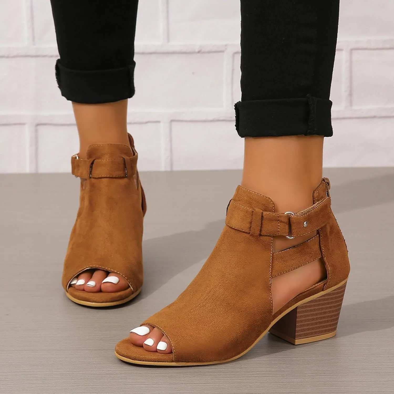 Womens Peep Toe Ankle Booties Sandals Chunky Heels Cutout Back Zipper Sandal Faux Suede Side Ankle Strap Dress Sandals