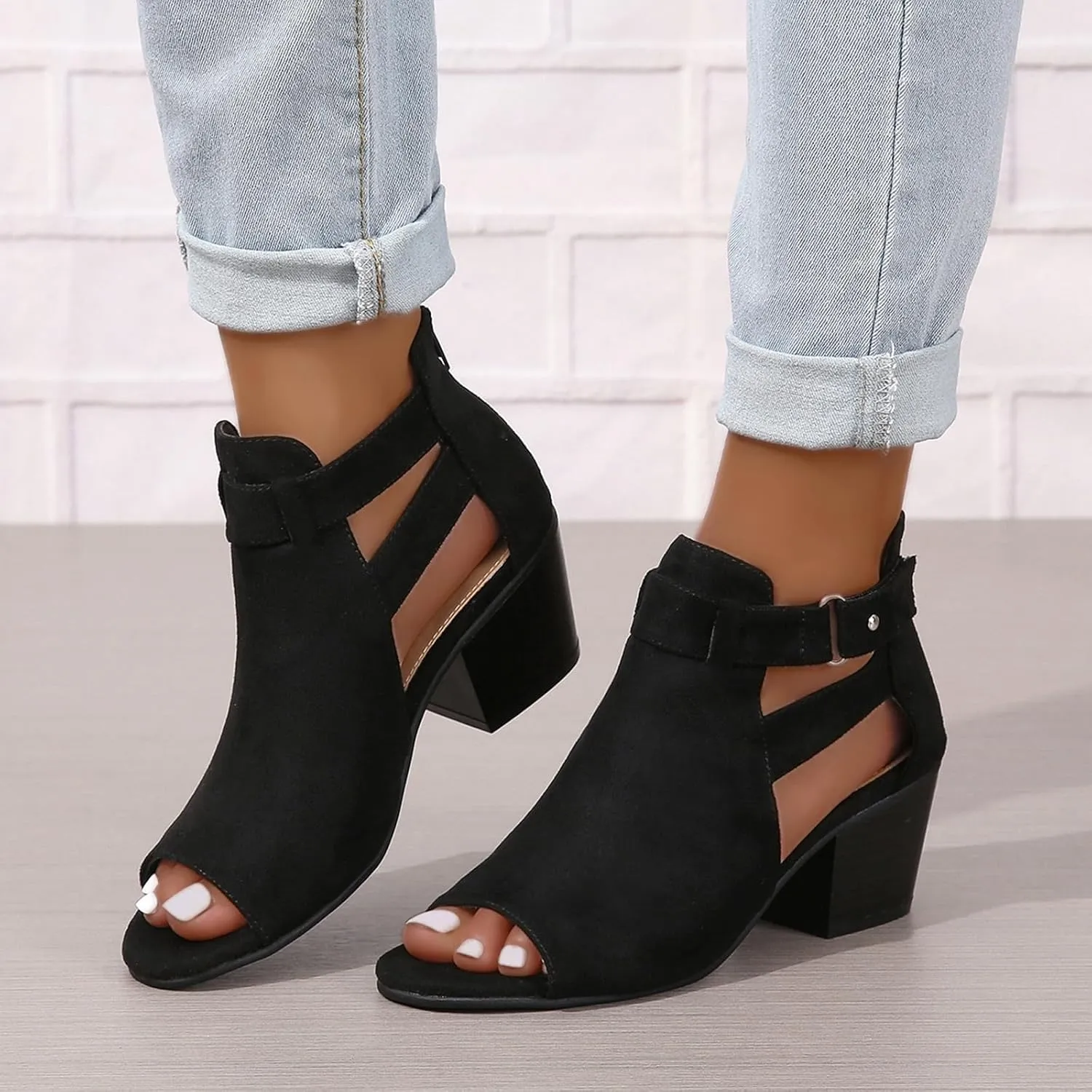 Womens Peep Toe Booties Summer Faux Suede Cutout Chunky Heels Sandals Side Ankle Strap Dress Sandals with Back Zipper