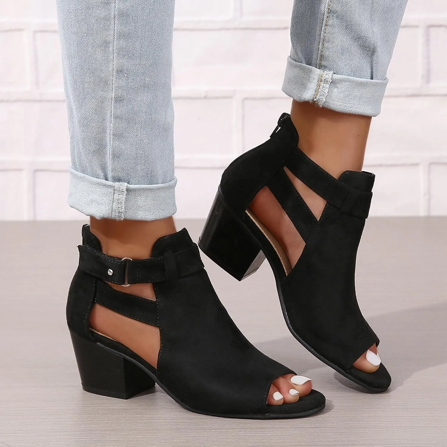 Womens Peep Toe Booties Summer Faux Suede Cutout Chunky Heels Sandals Side Ankle Strap Dress Sandals with Back Zipper