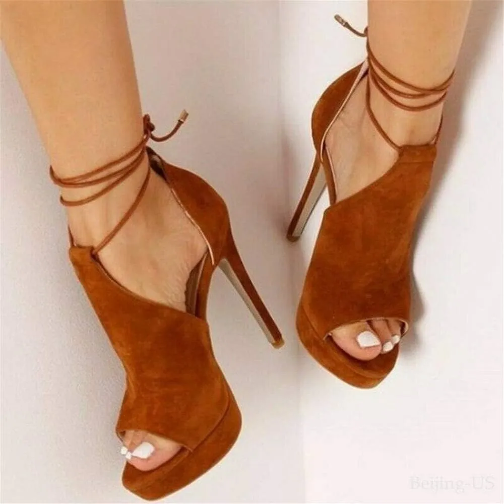 Womens Peep Toe Platform Heels Sexy Sandals Strappy Lace Up Tie Stilettos Dress Pumps Shoes