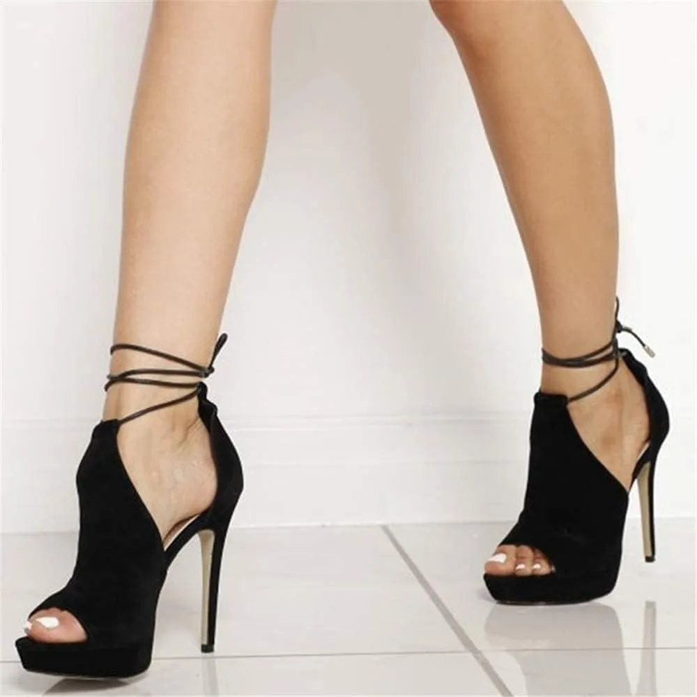 Womens Peep Toe Platform Heels Sexy Sandals Strappy Lace Up Tie Stilettos Dress Pumps Shoes