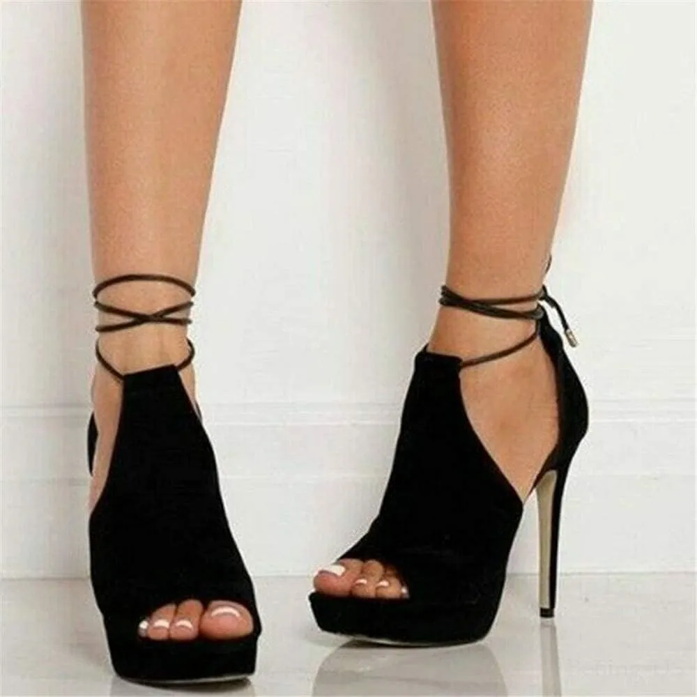 Womens Peep Toe Platform Heels Sexy Sandals Strappy Lace Up Tie Stilettos Dress Pumps Shoes