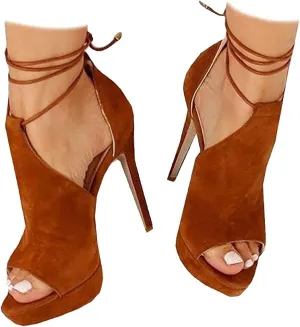Womens Peep Toe Platform Heels Sexy Sandals Strappy Lace Up Tie Stilettos Dress Pumps Shoes