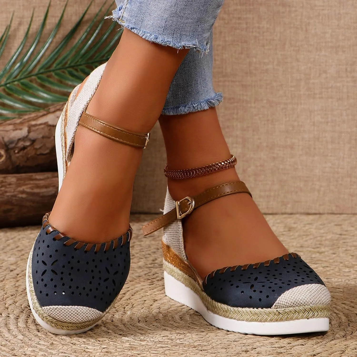 Women's Platform & Wedge Sandals Summer Closed Toe Hollow Out Orthopedic Shoes Comfort Breathable Slip On Summer Sandals with Adjustable Buckle Ankle Strap