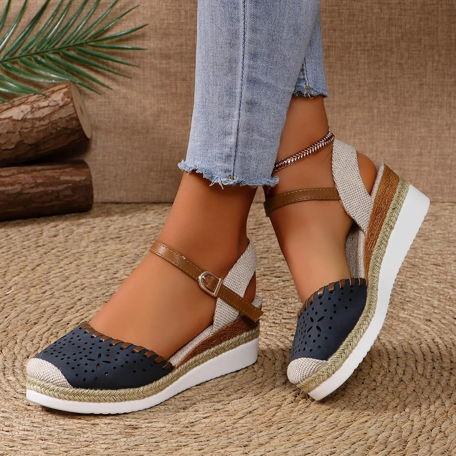 Women's Platform & Wedge Sandals Summer Closed Toe Hollow Out Orthopedic Shoes Comfort Breathable Slip On Summer Sandals with Adjustable Buckle Ankle Strap