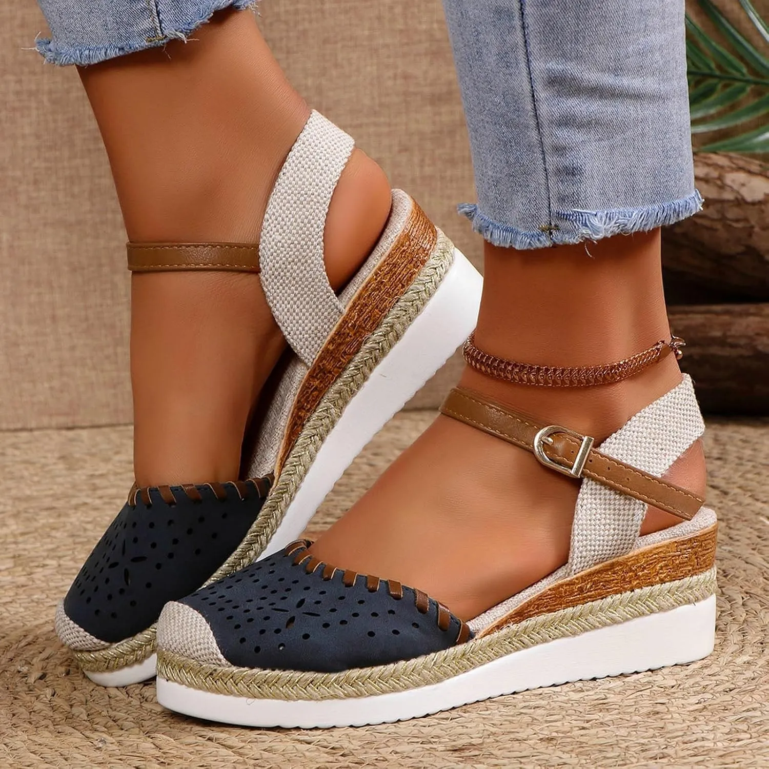 Women's Platform & Wedge Sandals Summer Closed Toe Hollow Out Orthopedic Shoes Comfort Breathable Slip On Summer Sandals with Adjustable Buckle Ankle Strap