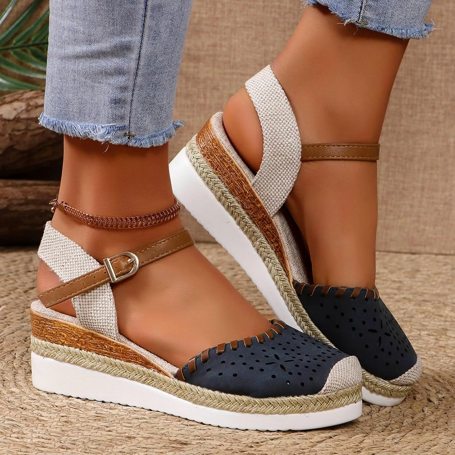 Women's Platform & Wedge Sandals Summer Closed Toe Hollow Out Orthopedic Shoes Comfort Breathable Slip On Summer Sandals with Adjustable Buckle Ankle Strap