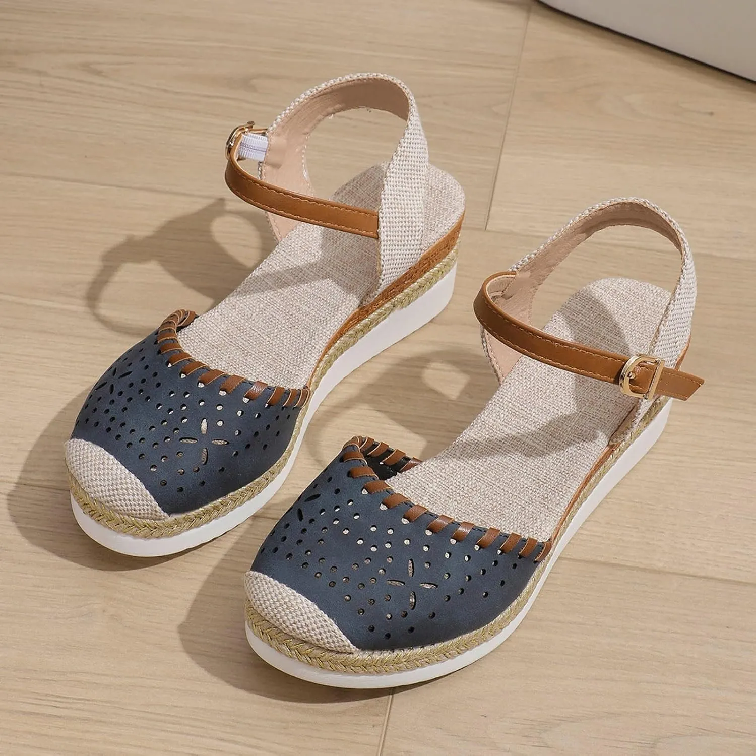 Women's Platform & Wedge Sandals Summer Closed Toe Hollow Out Orthopedic Shoes Comfort Breathable Slip On Summer Sandals with Adjustable Buckle Ankle Strap