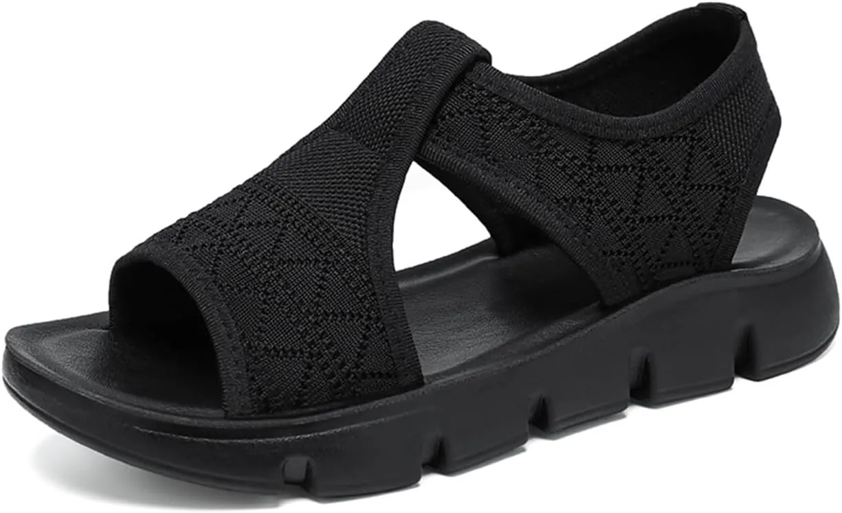 Women's Platform Sandals Comfortable Slip-On Mesh Beach Sandals Open-Toe Summer Walking Shoes
