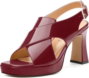 Women's Platform Sandals, Slingback Open Toe Buckle Heels for Women, Fashion Solid Patent High Heel Shoes 3.35 inch