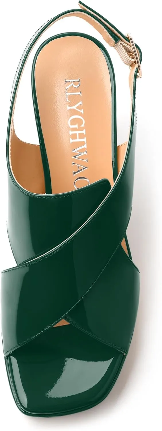 Women's Platform Sandals, Slingback Open Toe Buckle Heels for Women, Fashion Solid Patent High Heel Shoes 3.35 inch
