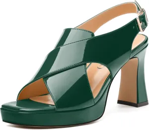 Women's Platform Sandals, Slingback Open Toe Buckle Heels for Women, Fashion Solid Patent High Heel Shoes 3.35 inch