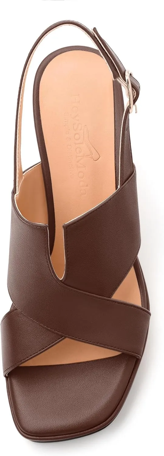 Womens Platform Sandals, Square Peep Toe Chunky Heel Ankle Strap Sandals for Women, Leather Insole Heeled Sandals with Buckle 3.3"