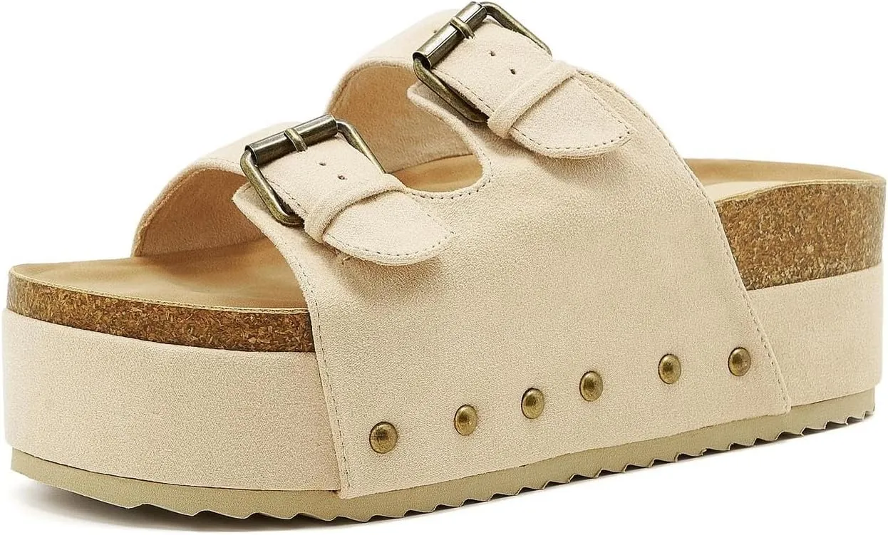 Women's Platform Slide Sandals Comfortable Cork Footbed Studded Clogs Adjustable Buckle Straps Open Toe Flatform Sandal Summer Slipper