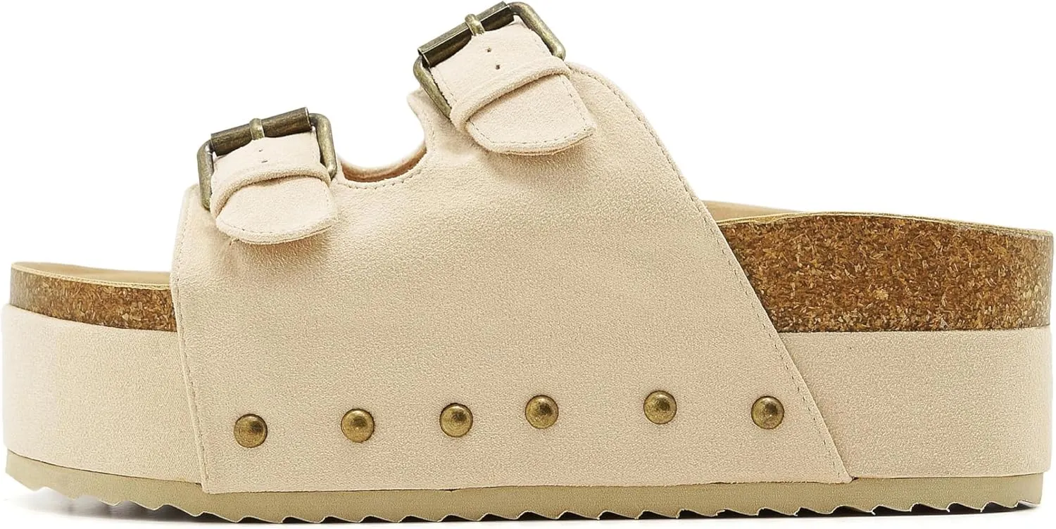 Women's Platform Slide Sandals Comfortable Cork Footbed Studded Clogs Adjustable Buckle Straps Open Toe Flatform Sandal Summer Slipper