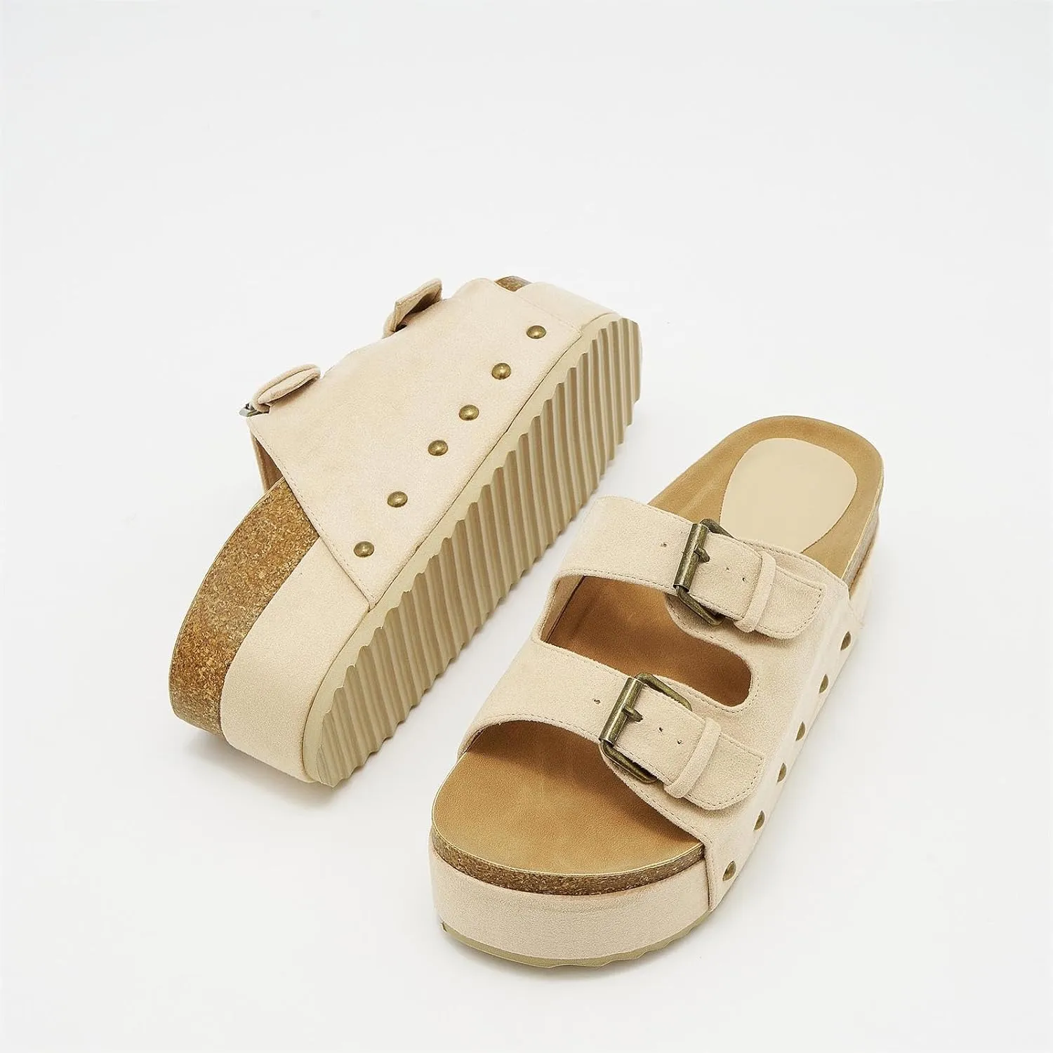 Women's Platform Slide Sandals Comfortable Cork Footbed Studded Clogs Adjustable Buckle Straps Open Toe Flatform Sandal Summer Slipper