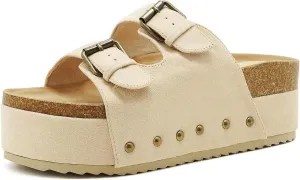 Women's Platform Slide Sandals Comfortable Cork Footbed Studded Clogs Adjustable Buckle Straps Open Toe Flatform Sandal Summer Slipper