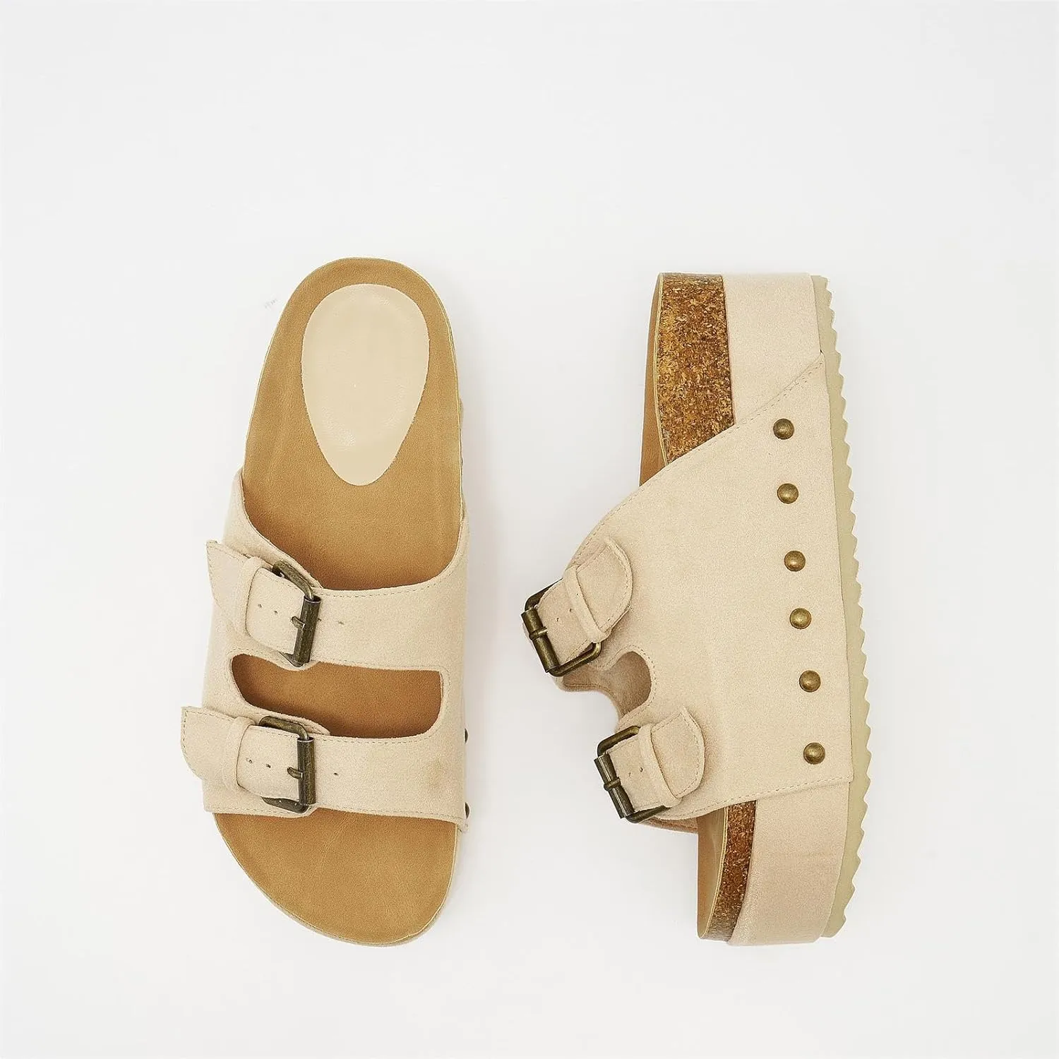 Women's Platform Slide Sandals Comfortable Cork Footbed Studded Clogs Adjustable Buckle Straps Open Toe Flatform Sandal Summer Slipper
