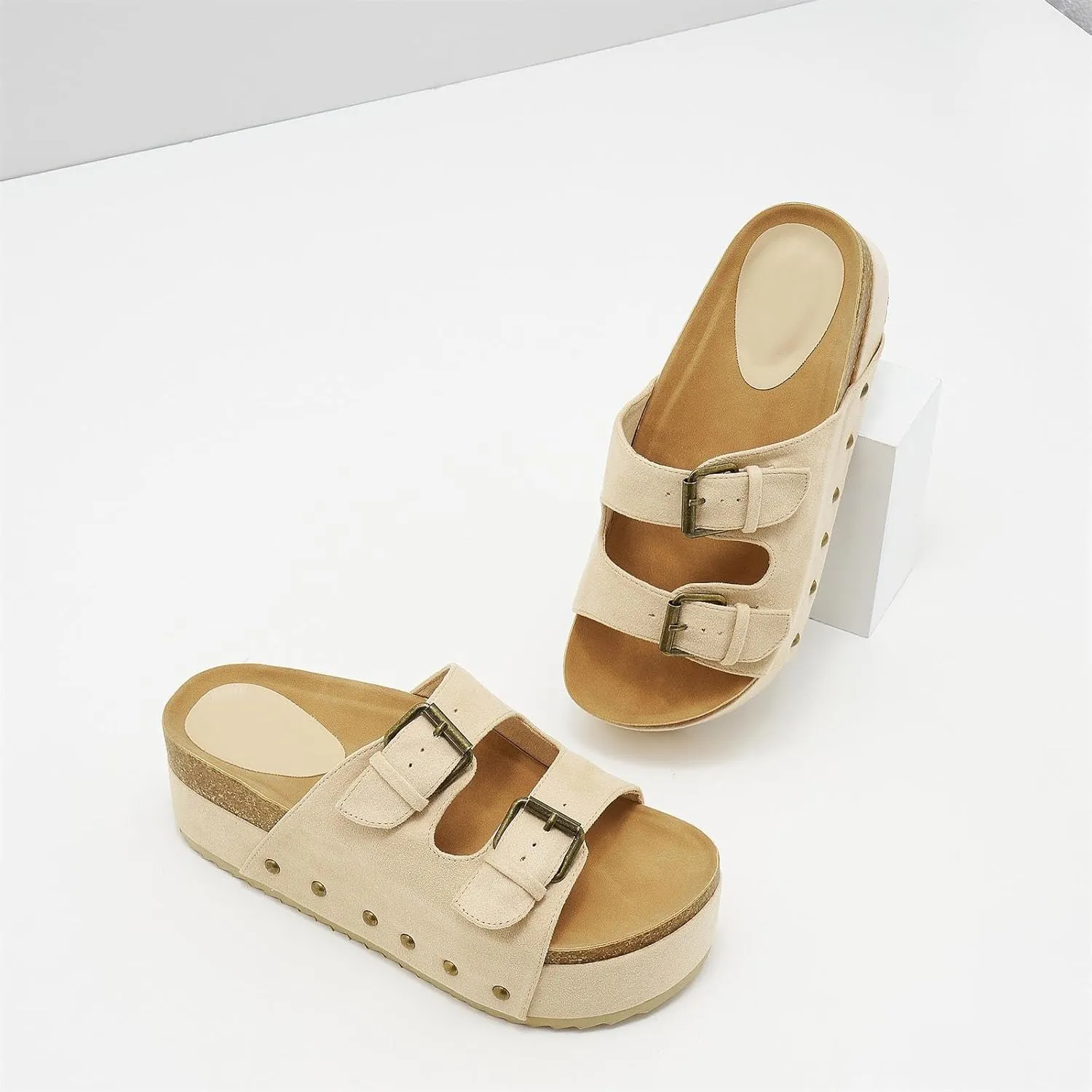 Women's Platform Slide Sandals Comfortable Cork Footbed Studded Clogs Adjustable Buckle Straps Open Toe Flatform Sandal Summer Slipper