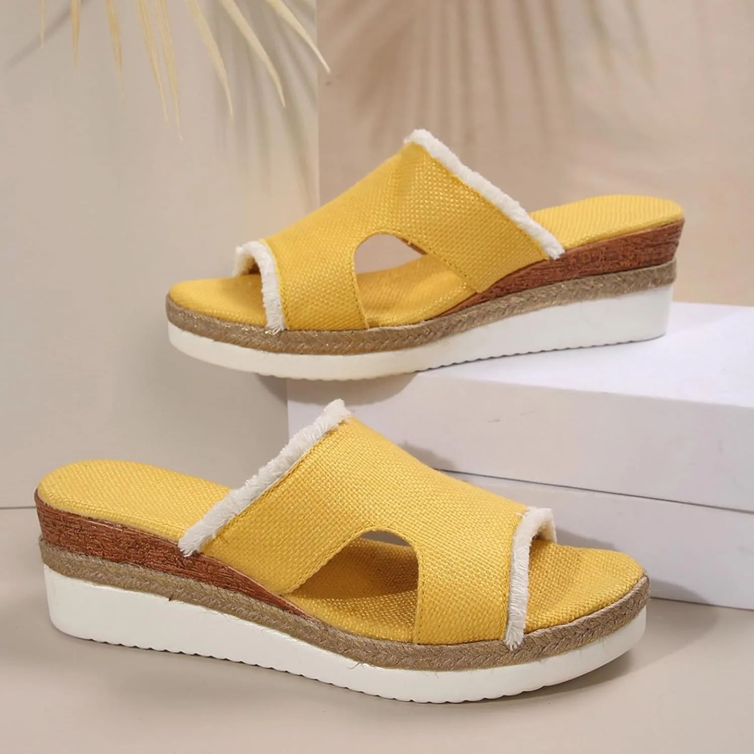 Women's Platform Wedge Sandals Open Toe Slip-On Slides Wedge Heel Flatform Sandals Beach Slippers Comfortable Summer Beach Shoes Casual Woven Espadrilles Walking Sandals Women