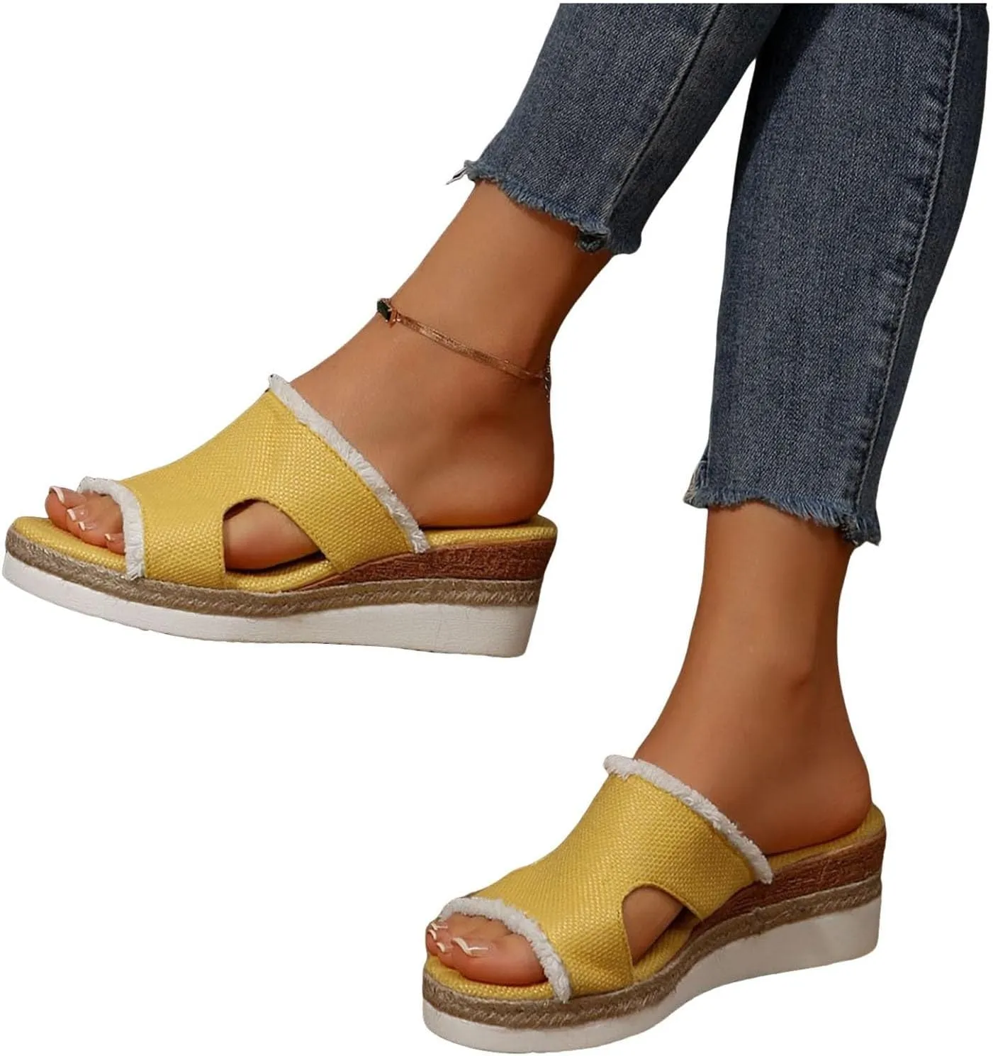 Women's Platform Wedge Sandals Open Toe Slip-On Slides Wedge Heel Flatform Sandals Beach Slippers Comfortable Summer Beach Shoes Casual Woven Espadrilles Walking Sandals Women
