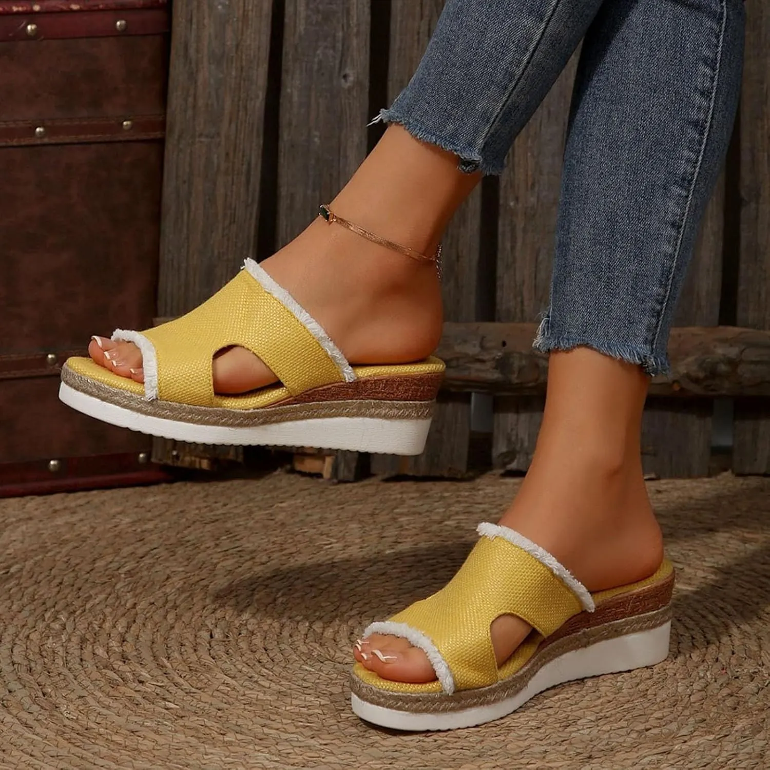 Women's Platform Wedge Sandals Open Toe Slip-On Slides Wedge Heel Flatform Sandals Beach Slippers Comfortable Summer Beach Shoes Casual Woven Espadrilles Walking Sandals Women