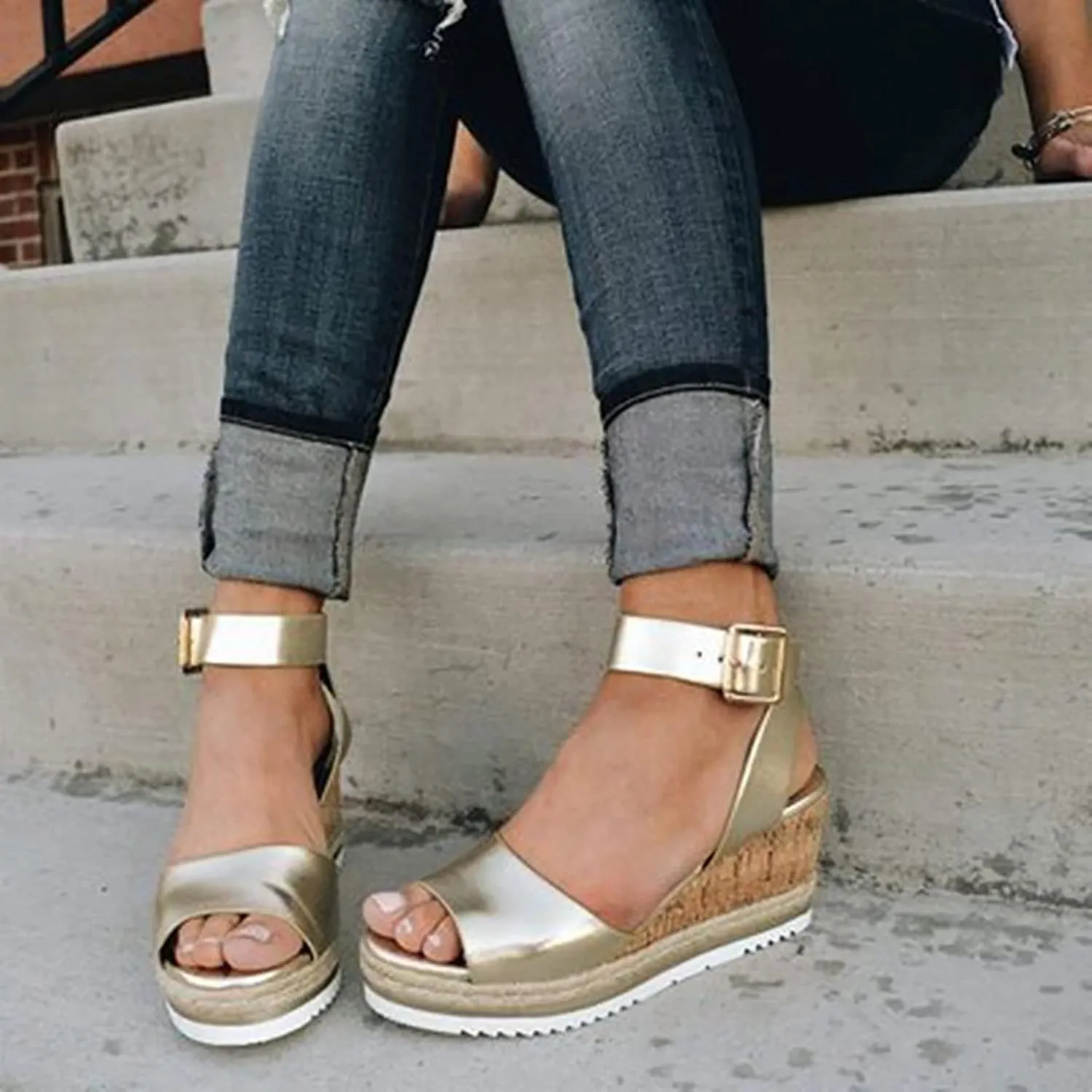 Womens Platforms Wedges Mule Sandals Summer Clogs Slip-On for Women Open Toe Shoes Women's Summer Ankle Strappy Espadrille Casual Sandals,Gold,US6/EU37
