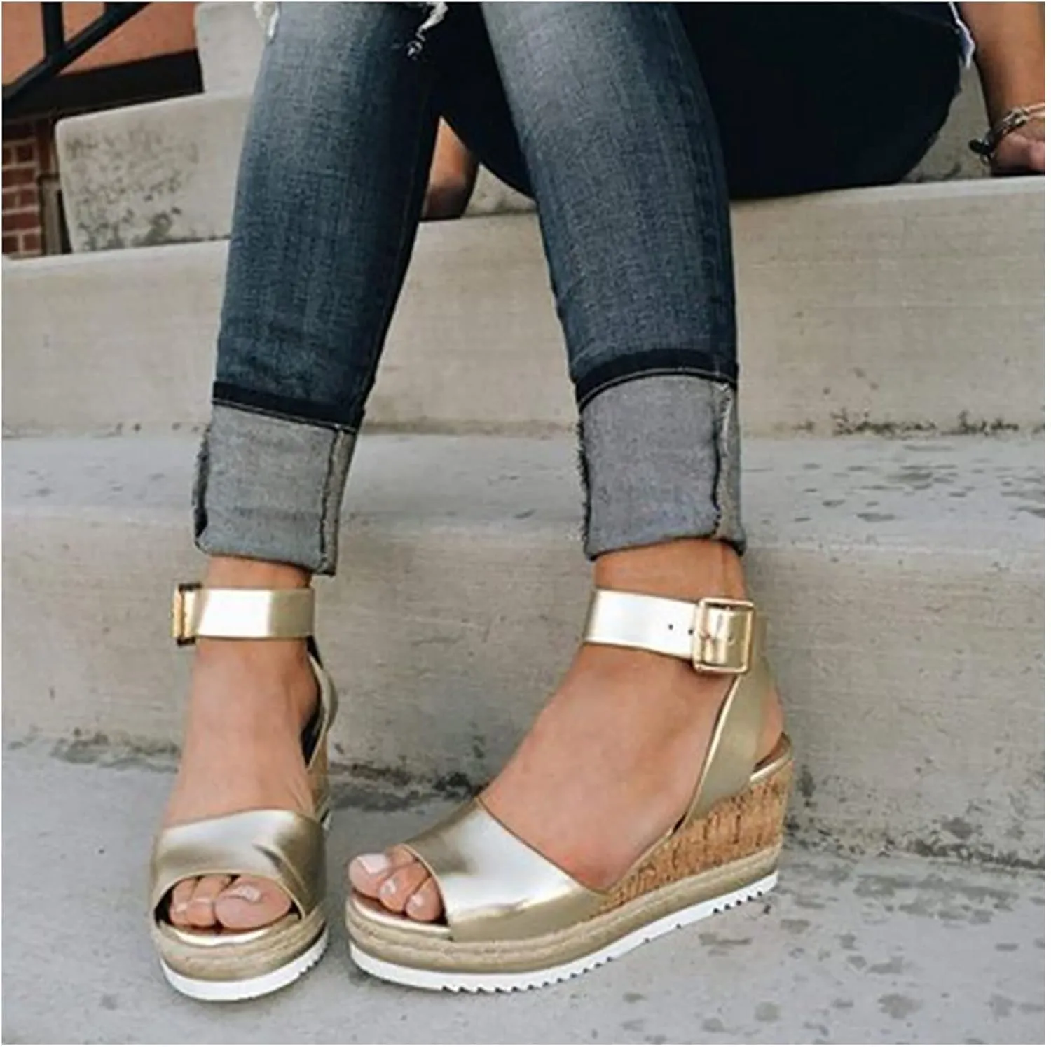 Womens Platforms Wedges Mule Sandals Summer Clogs Slip-On for Women Open Toe Shoes Women's Summer Ankle Strappy Espadrille Casual Sandals,Gold,US6/EU37