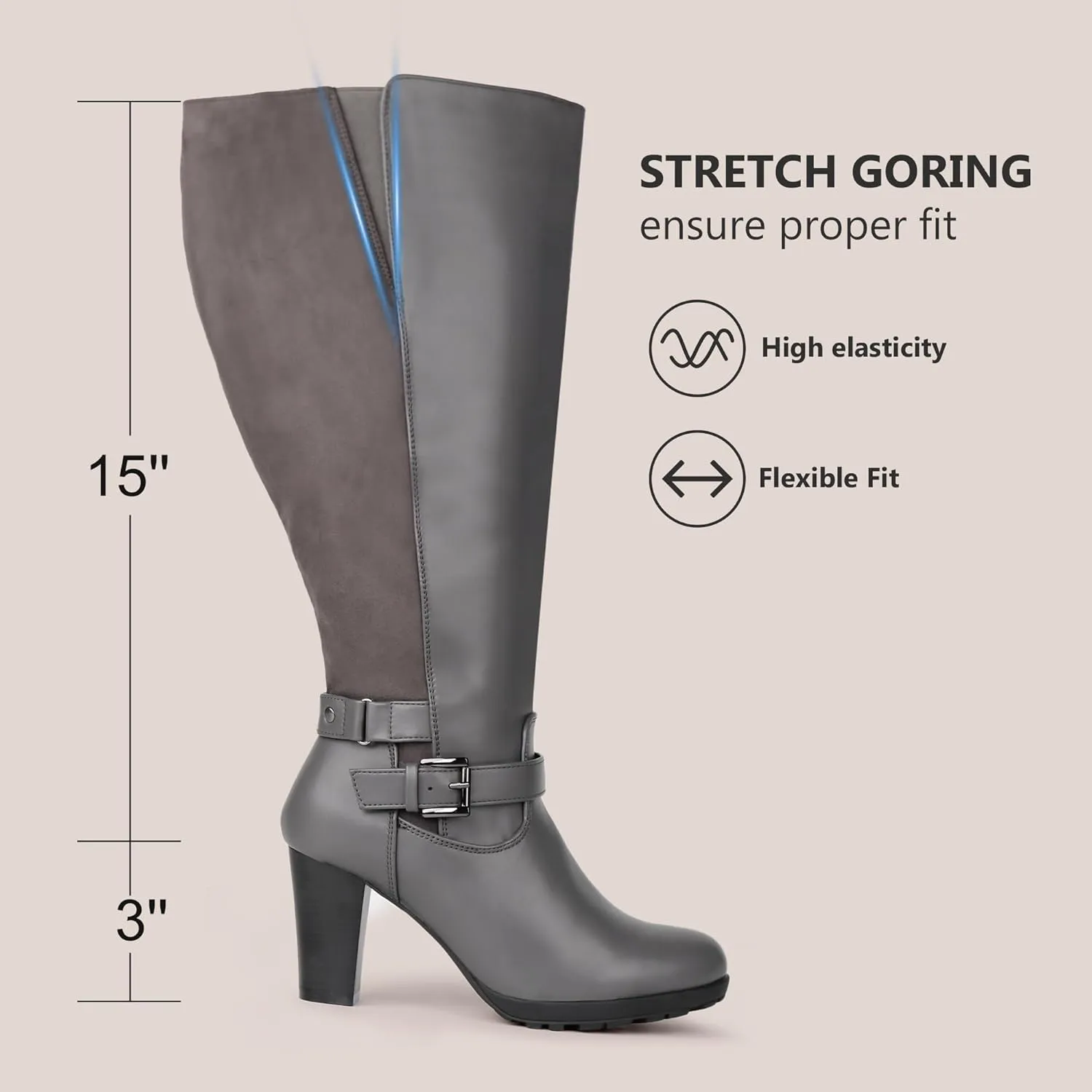 Women's Plus Size Extra Wide Calf High Heel Dress Boots with Ankle Buckle