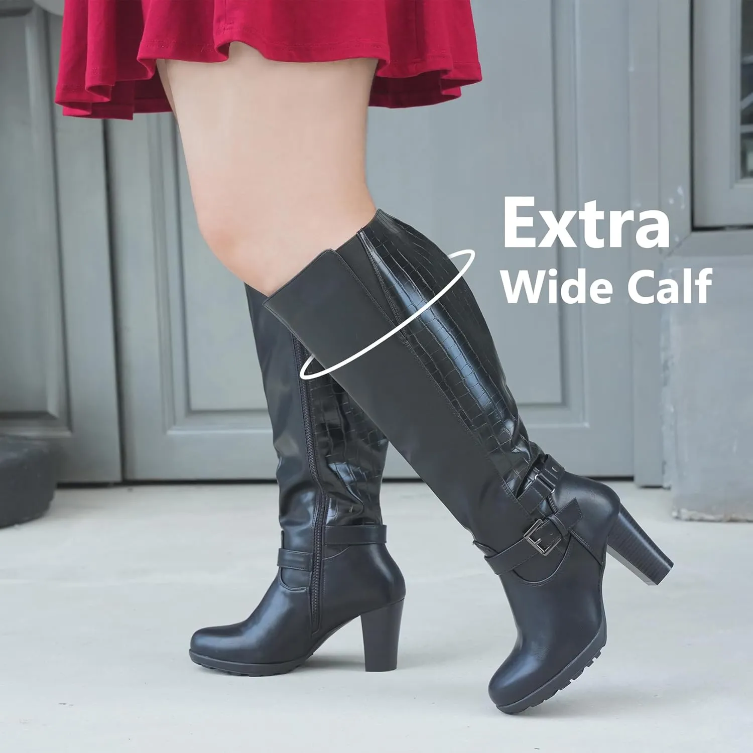 Women's Plus Size Extra Wide Calf High Heel Dress Boots with Ankle Buckle