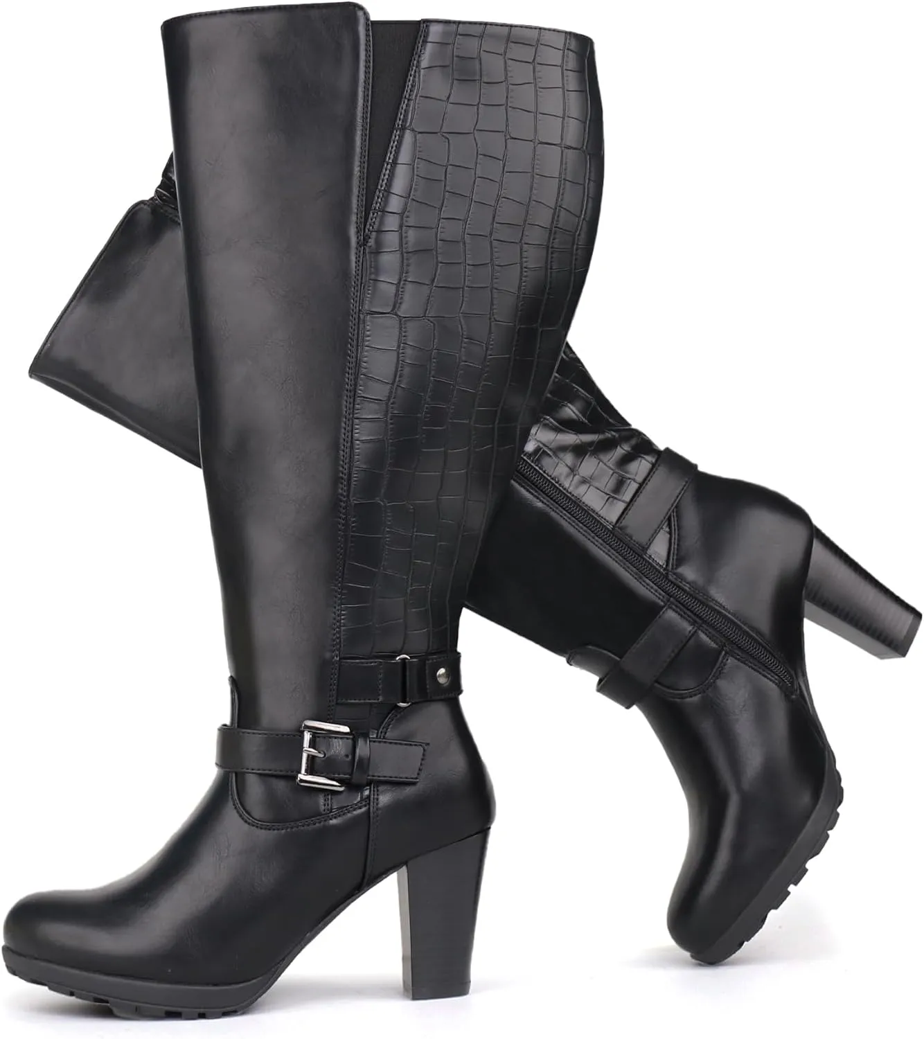 Women's Plus Size Extra Wide Calf High Heel Dress Boots with Ankle Buckle