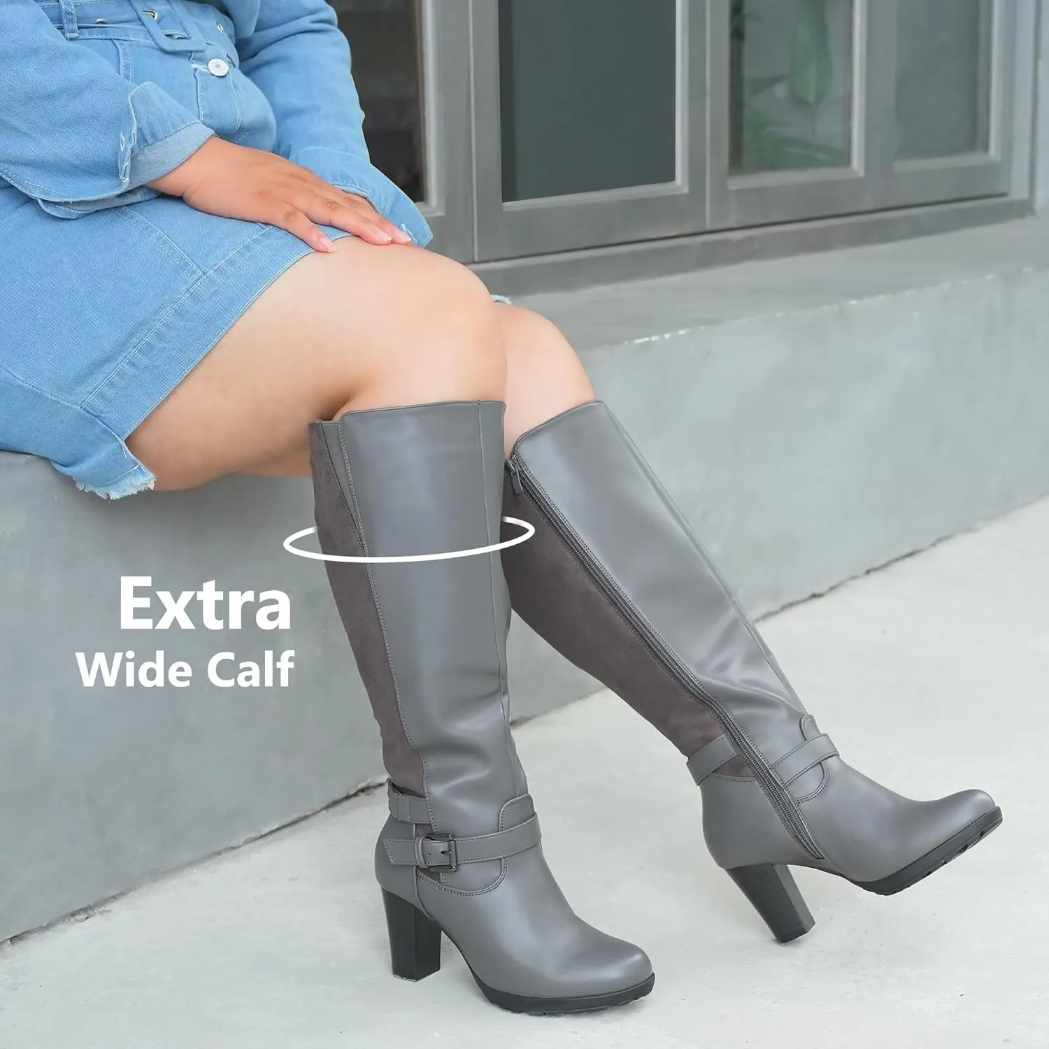Women's Plus Size Extra Wide Calf High Heel Dress Boots with Ankle Buckle