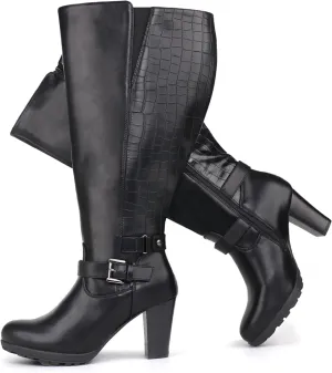 Women's Plus Size Extra Wide Calf High Heel Dress Boots with Ankle Buckle