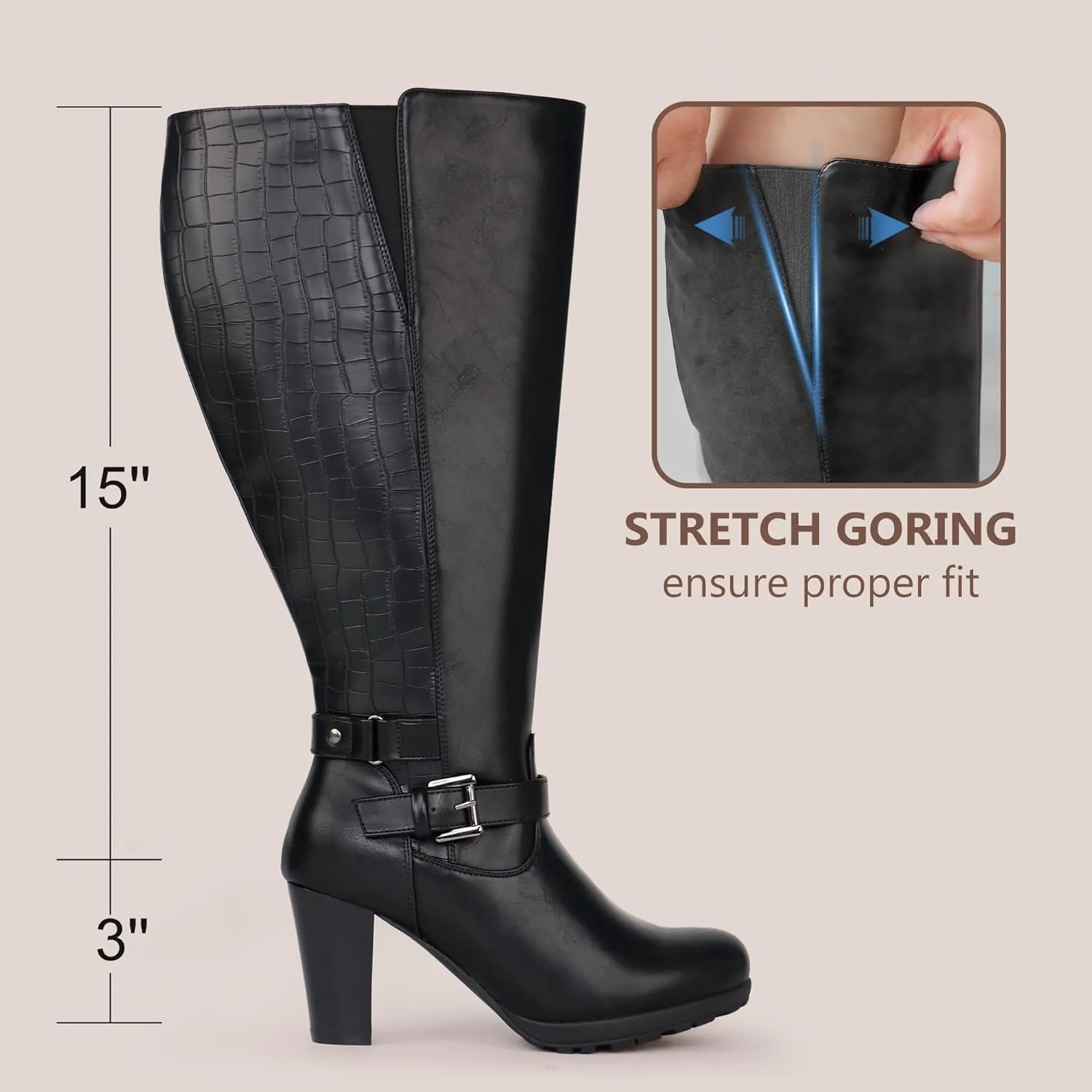 Women's Plus Size Extra Wide Calf High Heel Dress Boots with Ankle Buckle