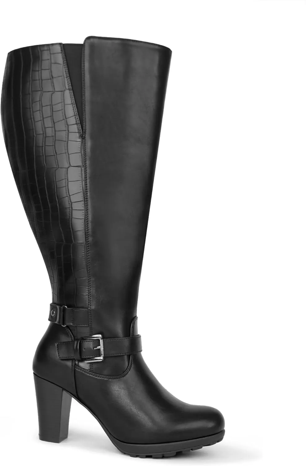 Women's Plus Size Extra Wide Calf High Heel Dress Boots with Ankle Buckle