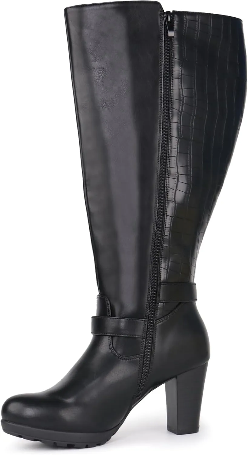 Women's Plus Size Extra Wide Calf High Heel Dress Boots with Ankle Buckle
