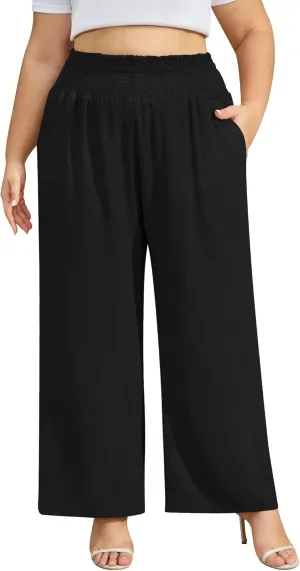 Women's Plus Size Wide Leg Pants Lounge Casual Linen Work Palazzo Flowy Summer Trousers with Pockets
