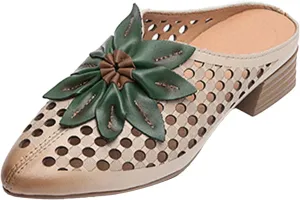 Women's Pointed Closed Toe Chunky Block Heel Mules,Vintage Comfort Cutout Leather Sunflower Casual Dress Backless Clogs