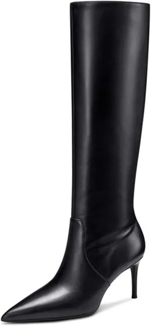 Women's Pointed Toe High Heel Fashion Knee High Boots Stretchy Wide Calf Mid Heel Long Boot