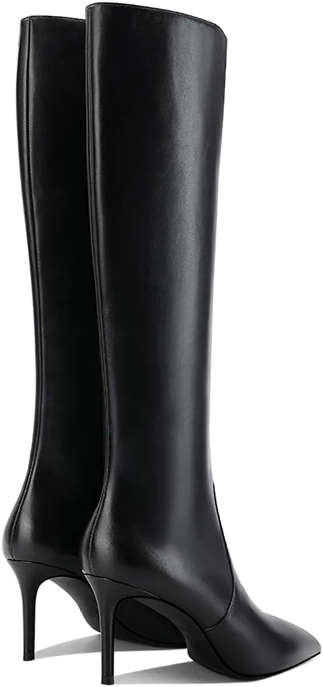 Women's Pointed Toe High Heel Fashion Knee High Boots Stretchy Wide Calf Mid Heel Long Boot