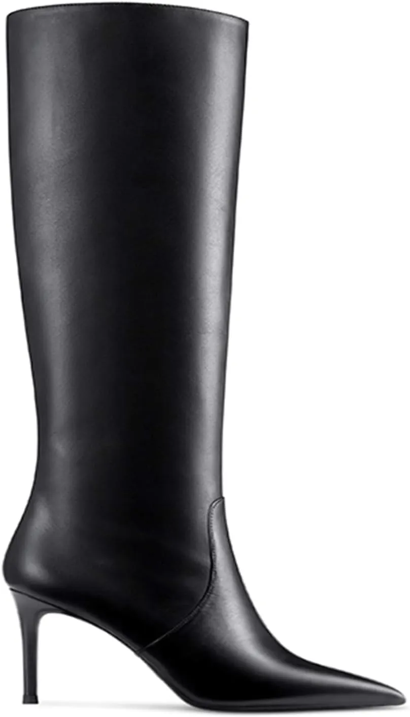 Women's Pointed Toe High Heel Fashion Knee High Boots Stretchy Wide Calf Mid Heel Long Boot