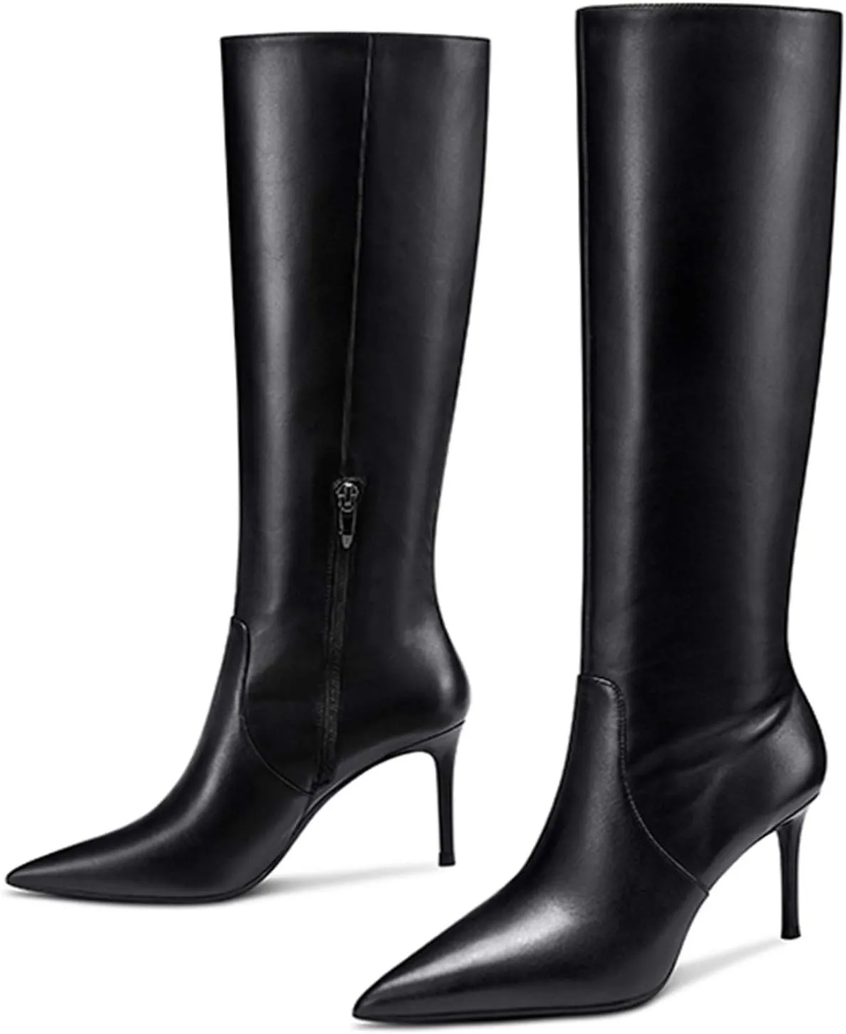 Women's Pointed Toe High Heel Fashion Knee High Boots Stretchy Wide Calf Mid Heel Long Boot