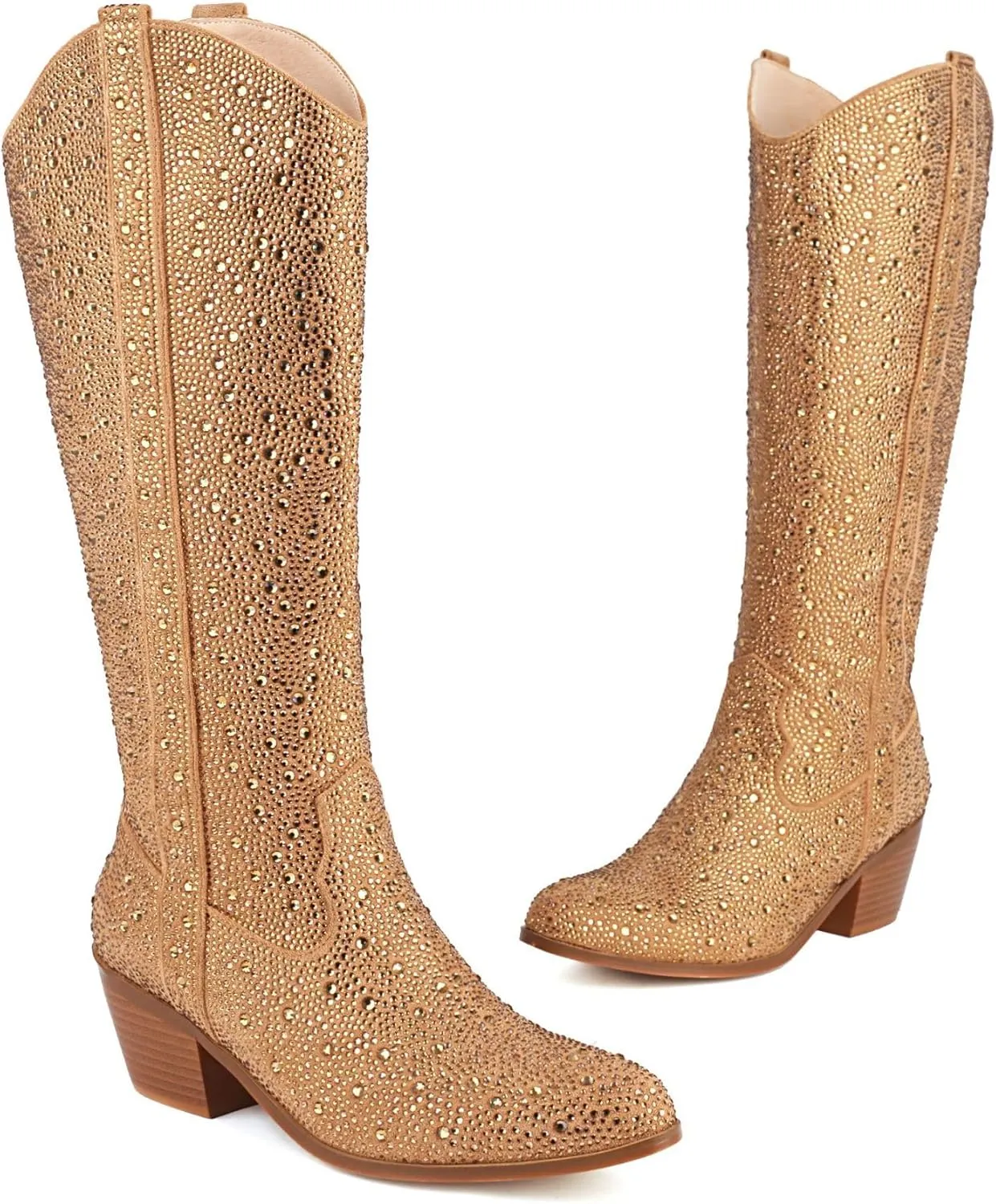 Women's Rhinestone Boots Wide Calf Cowgirl Boots Western Mid Calf Pointed Toe Boots Lightweight Fashion Trendy Chunky Stacked Heel Sparkly Side Zipper Boots