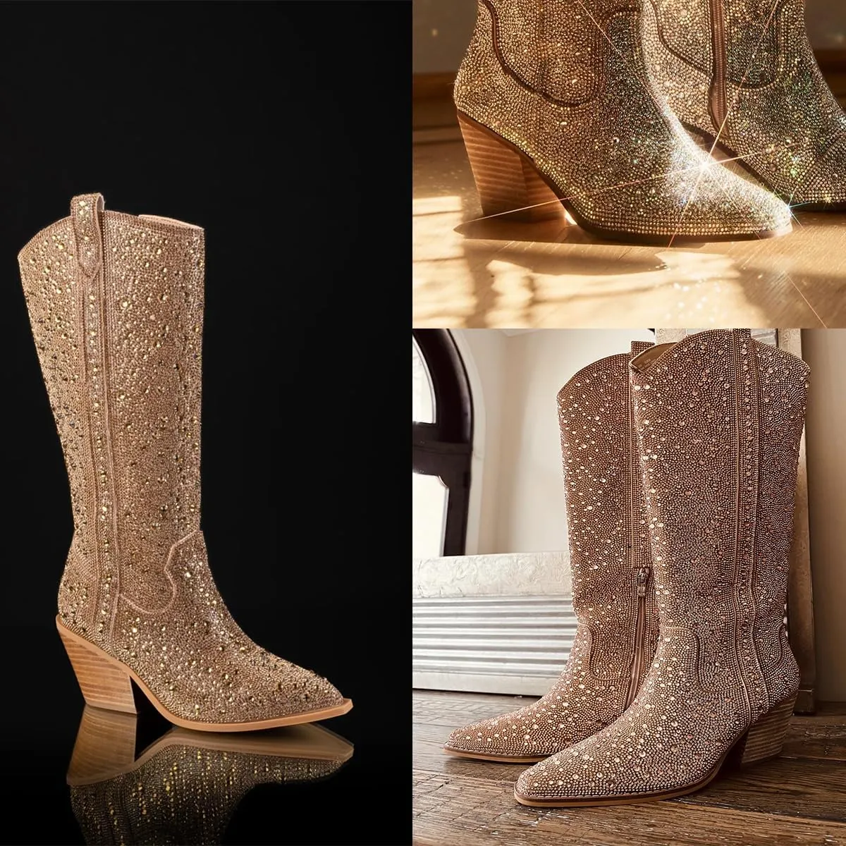 Women's Rhinestone Boots Wide Calf Cowgirl Boots Western Mid Calf Pointed Toe Boots Lightweight Fashion Trendy Chunky Stacked Heel Sparkly Side Zipper Boots