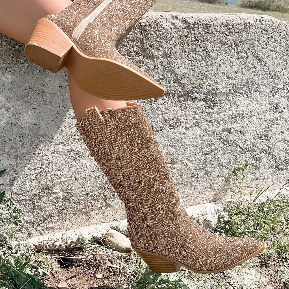 Women's Rhinestone Boots Wide Calf Cowgirl Boots Western Mid Calf Pointed Toe Boots Lightweight Fashion Trendy Chunky Stacked Heel Sparkly Side Zipper Boots