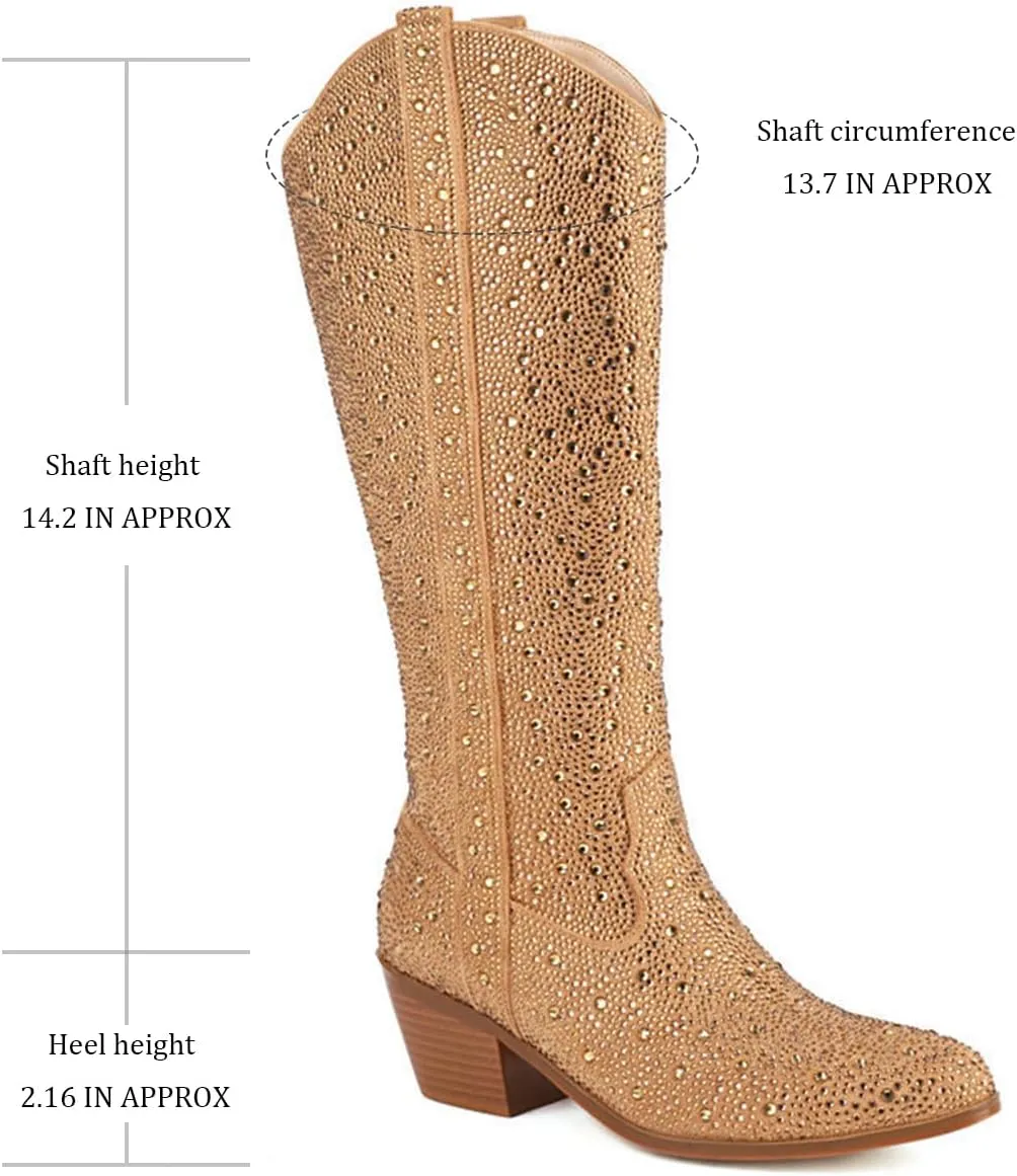 Women's Rhinestone Boots Wide Calf Cowgirl Boots Western Mid Calf Pointed Toe Boots Lightweight Fashion Trendy Chunky Stacked Heel Sparkly Side Zipper Boots