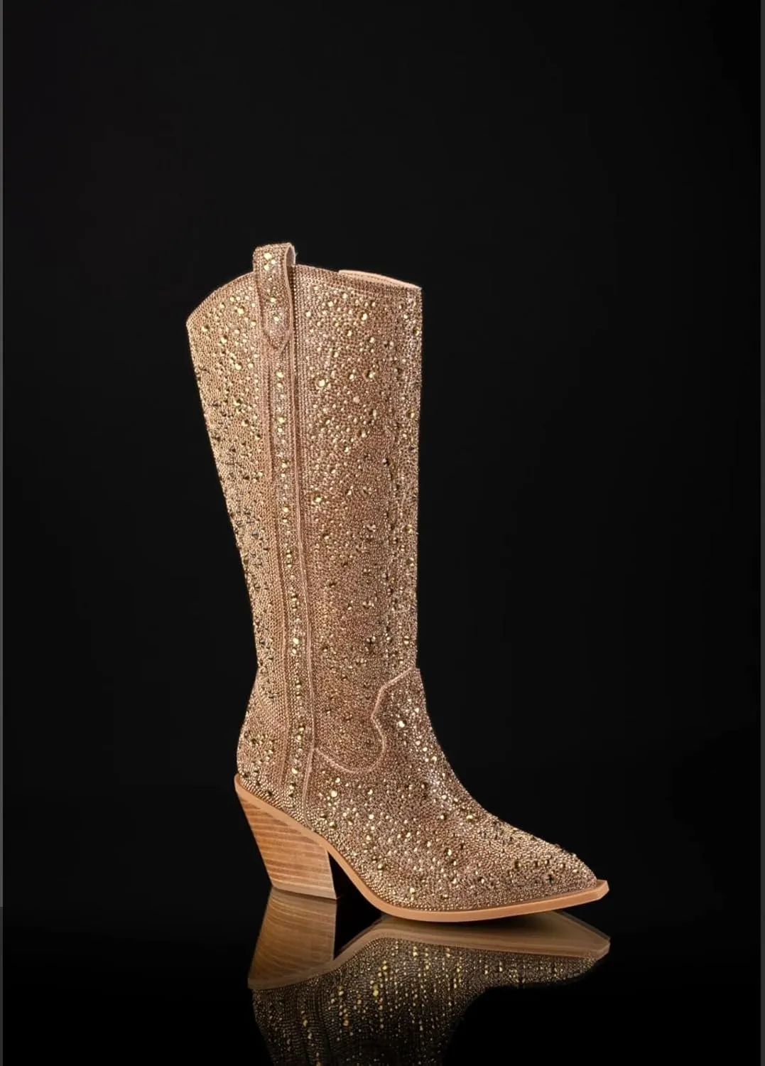 Women's Rhinestone Boots Wide Calf Cowgirl Boots Western Mid Calf Pointed Toe Boots Lightweight Fashion Trendy Chunky Stacked Heel Sparkly Side Zipper Boots