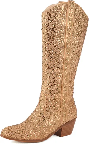 Women's Rhinestone Boots Wide Calf Cowgirl Boots Western Mid Calf Pointed Toe Boots Lightweight Fashion Trendy Chunky Stacked Heel Sparkly Side Zipper Boots